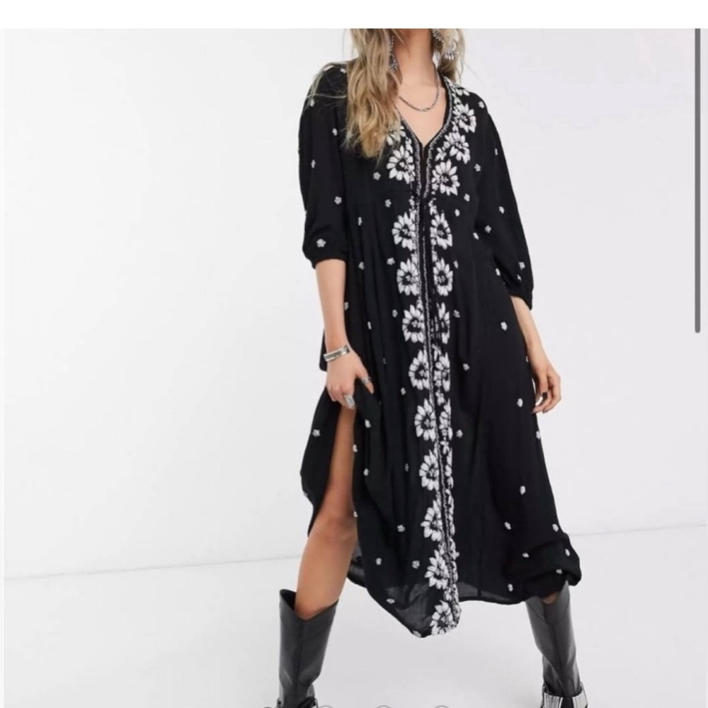 NWT Free People Black Dress with White Floral Design size L